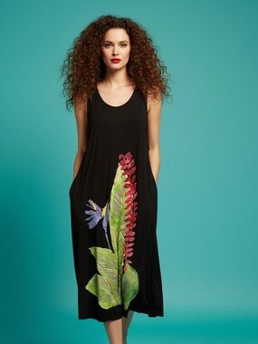 Crazy Fish Hand Painted Tropical Scoop Neck Maxi Dress with Pockets Size M